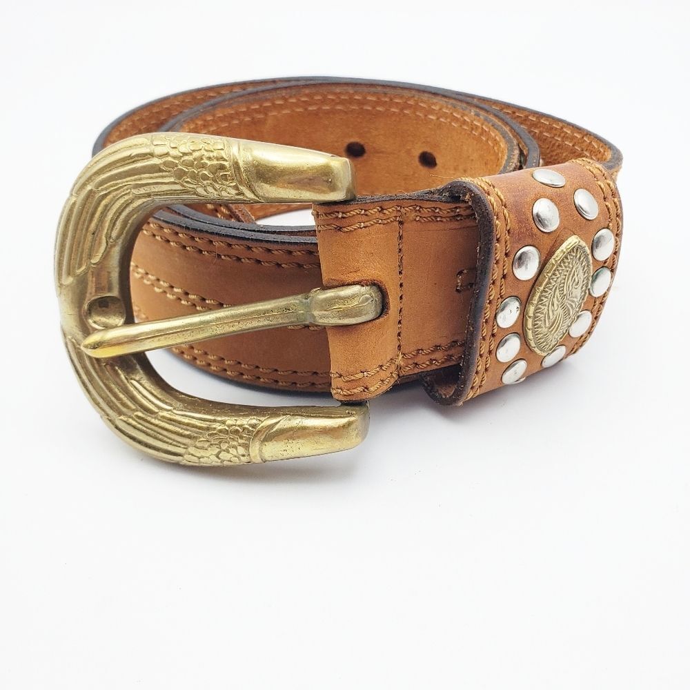 DOPPIA VITA Brown Leather studded Belt Gold Hardware
